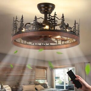 15.7 in.Farmhouse Walnut Flush Mount Ceiling Fan with Light Rustic Fandelier Fan